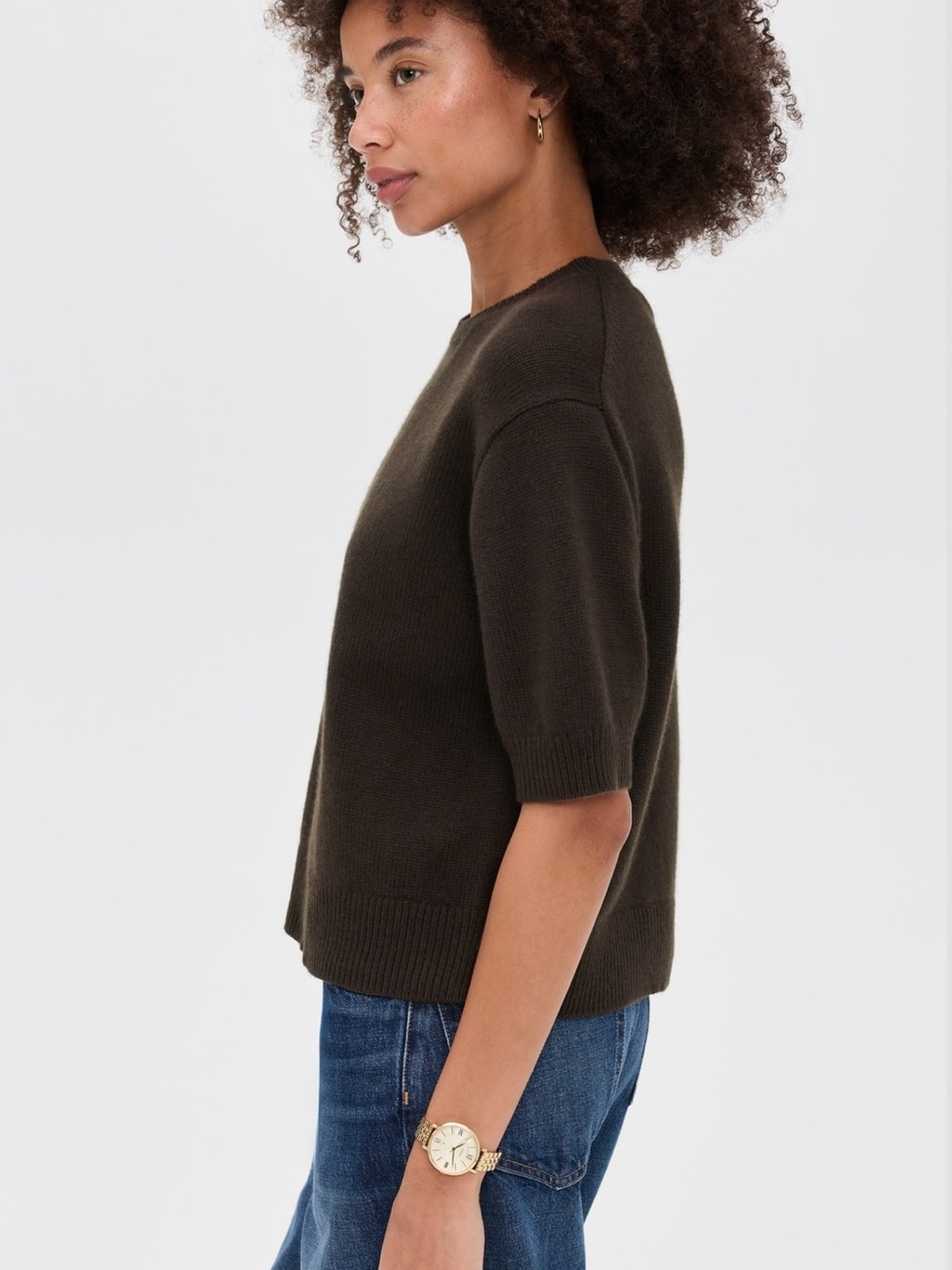 Theory Women's Short sleeved cashmere Crewneck Sweater in Dark Brown
